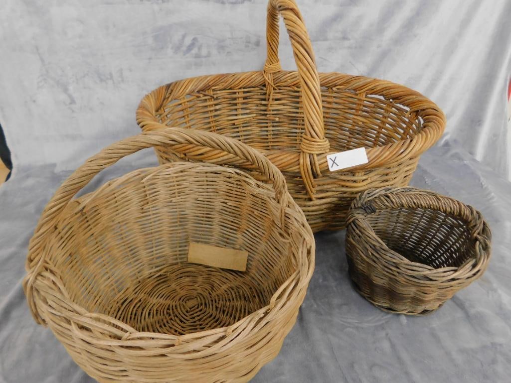 Group of 3 Vintage Handled Baskets - 1.5" x 25.5" x 19.5" and 13" x 13" x 14" - 13