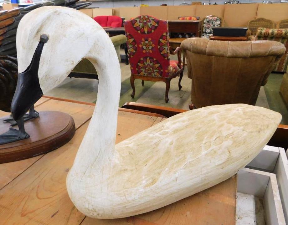 Large Carved Wood Goose / Swan - Signed Hank Walker - 16" x 26" x 8": See Photos For Condition and Details