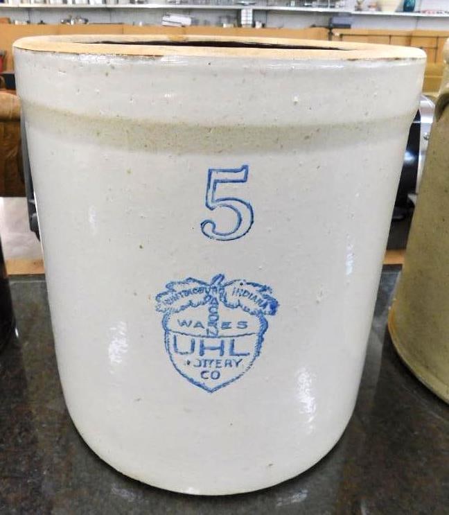 5 Gallon UHL Acorn Wares Pottery Crock - 13" x 12": See Photos For Condition and Details