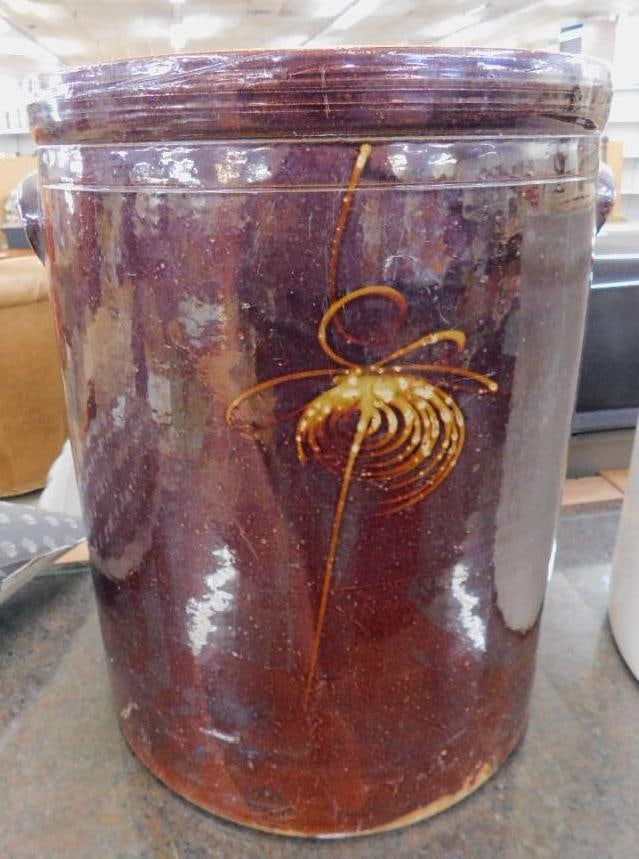5 Gallon Brown Glaze Pottery Crock - Decorated - Unsigned - 15.25" x 12": Has Chip on Bottom - See Photos For Condition and Details
