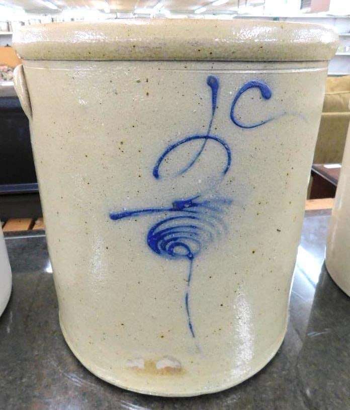 5 Gallon Salt Glazed Crock - JC - Several Chips - 13.5" x 12": See Photos For Condition and Details