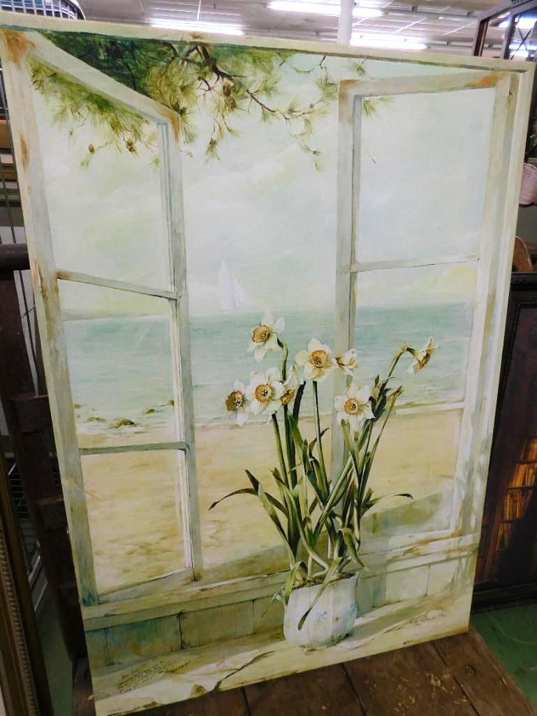 Fabrice de Villeneuve - Giclee On Canvas - "Narcissus In Window" - Limited Edition 621/995: 39.5" x 27.5" - See Photos For Condition and Details