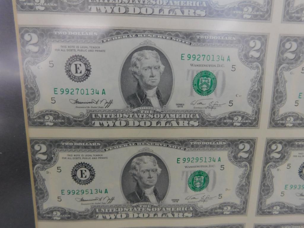 Framed Uncut Sheet of 16 1976 2$ Bills - 24" x 15.5" - 7