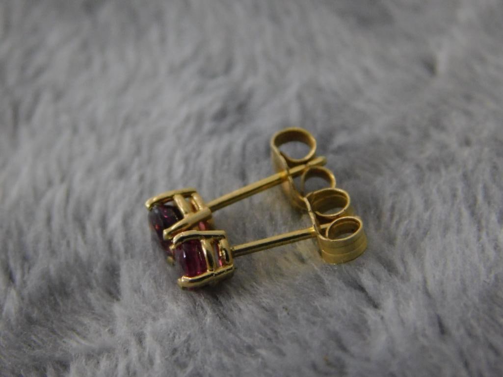 14K Yellow Gold - Pierced Earrings - Post - Ruby - .77 Grams TW - 3