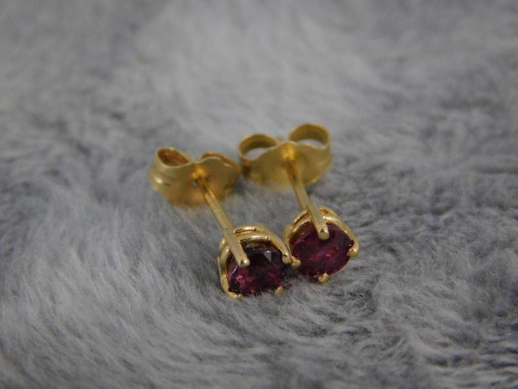 14K Yellow Gold - Pierced Earrings - Post - Ruby - .77 Grams TW - 5