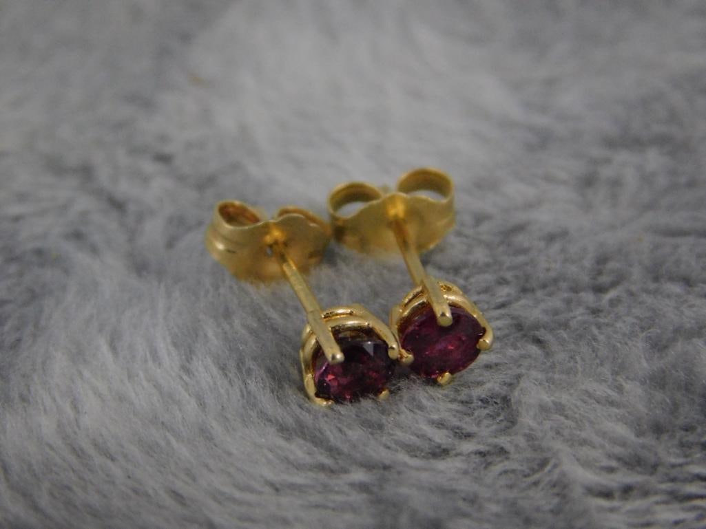 14K Yellow Gold - Pierced Earrings - Post - Ruby - .77 Grams TW - 6
