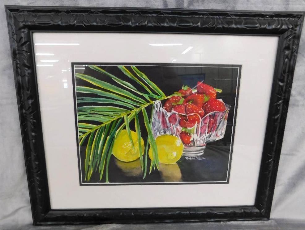 Bobbi Hart Signed Watercolor - "Sparkling Berries" - 19.5" x 23.5": See Photos For Condition and Details