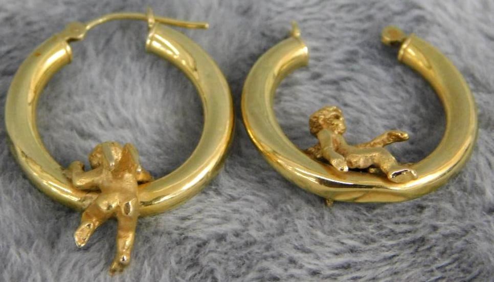 14K Yellow Gold - Pierced Earrings - Cherub Hoop - 3.58 Grams (1 of 8)