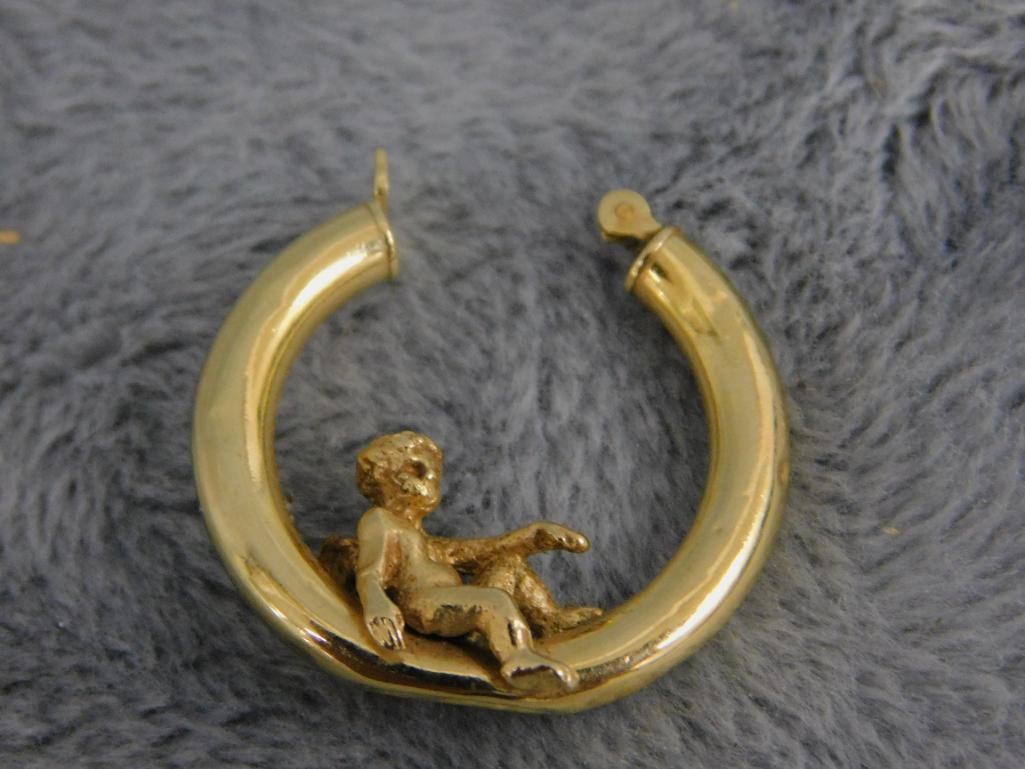 14K Yellow Gold - Pierced Earrings - Cherub Hoop - 3.58 Grams - 3
