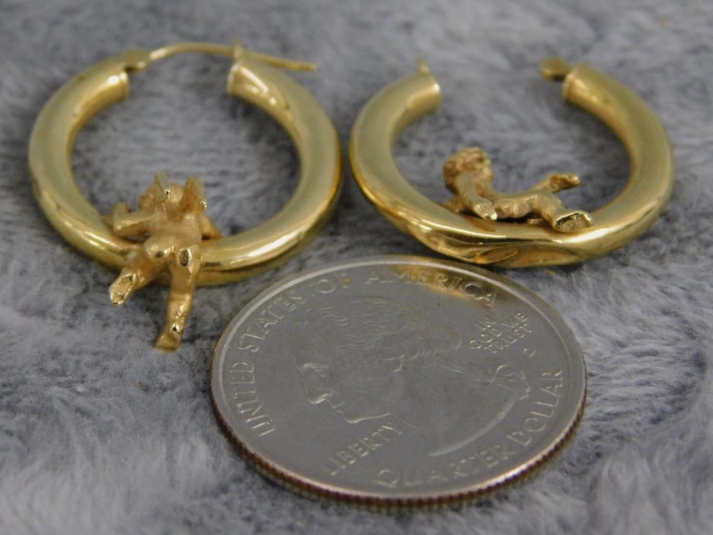 14K Yellow Gold - Pierced Earrings - Cherub Hoop - 3.58 Grams - 5