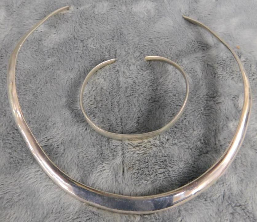 Sterling Silver - Matching Choker Necklace and Cuff Bracelet - 51.71 Grams: See Photos For Condition and Details