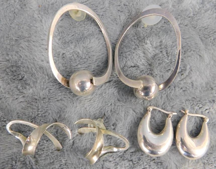 Sterling Silver - 3 Pairs of Pierced Earrings - 27.39 Grams: See Photos For Condition and Details