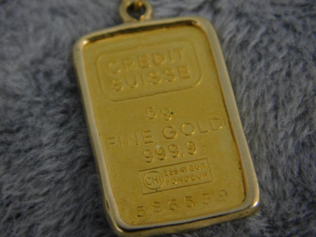 24K and 14K Yellow Gold - Pendant - 14K Bezel - 24K - 5 Gram Gold Bar - 6 Grams TW - 2