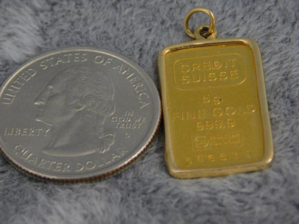 24K and 14K Yellow Gold - Pendant - 14K Bezel - 24K - 5 Gram Gold Bar - 6 Grams TW - 4