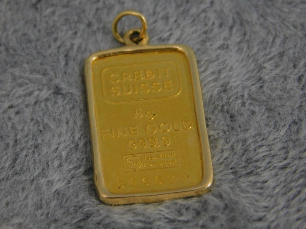 24K and 14K Yellow Gold - Pendant - 14K Bezel - 24K - 5 Gram Gold Bar - 6 Grams TW - 5