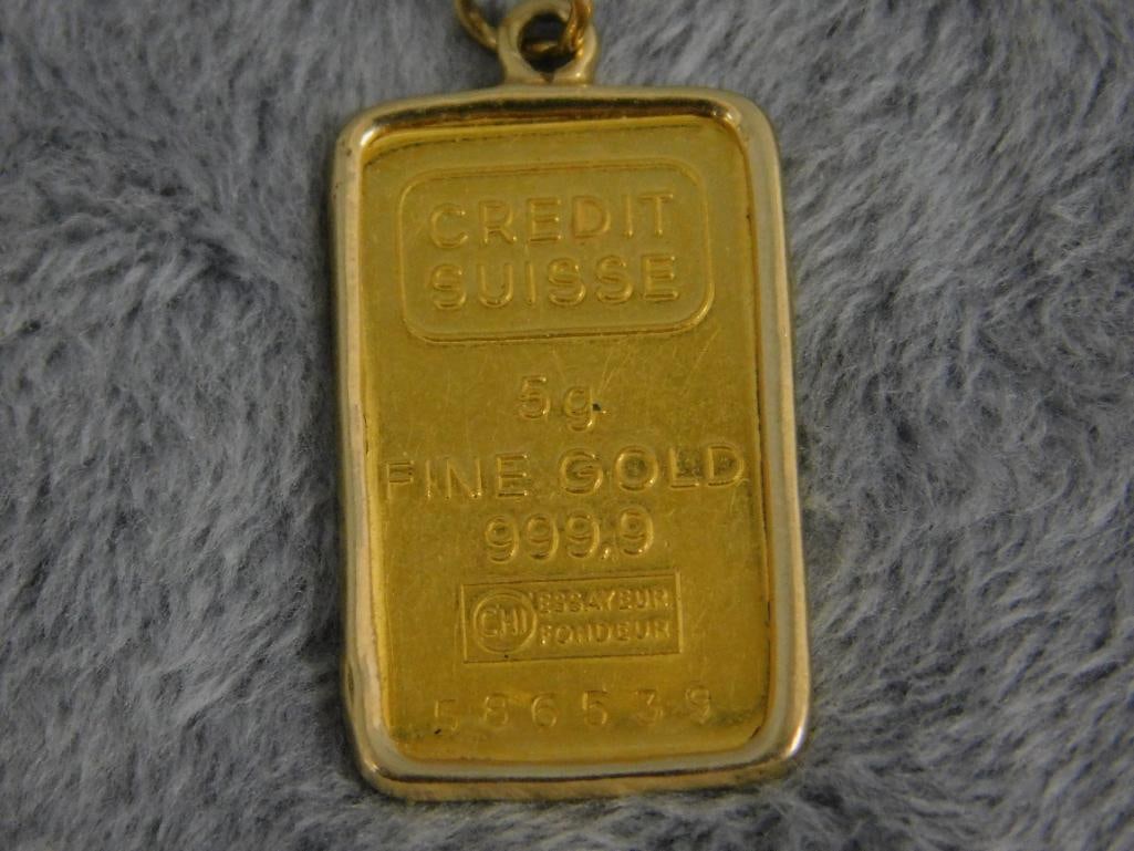 24K and 14K Yellow Gold - Pendant - 14K Bezel - 24K - 5 Gram Gold Bar - 6 Grams TW - 6