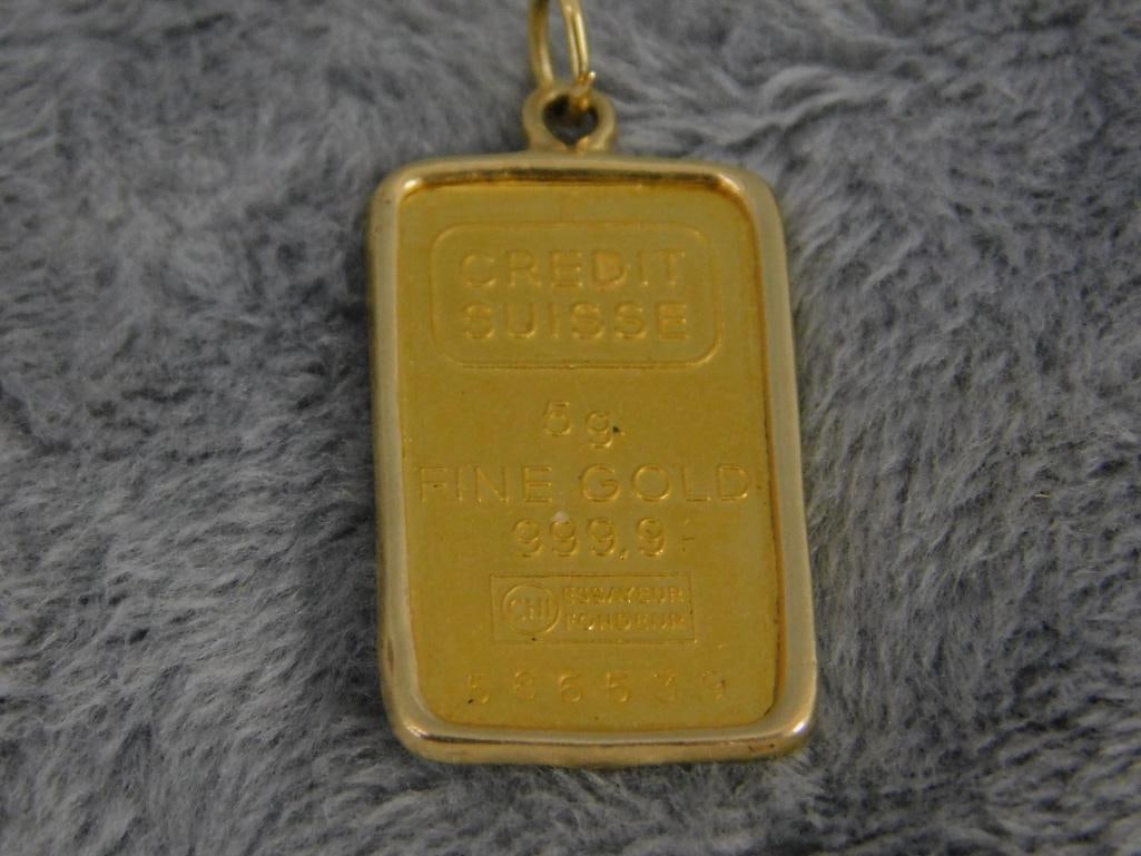 24K and 14K Yellow Gold - Pendant - 14K Bezel - 24K - 5 Gram Gold Bar - 6 Grams TW - 7