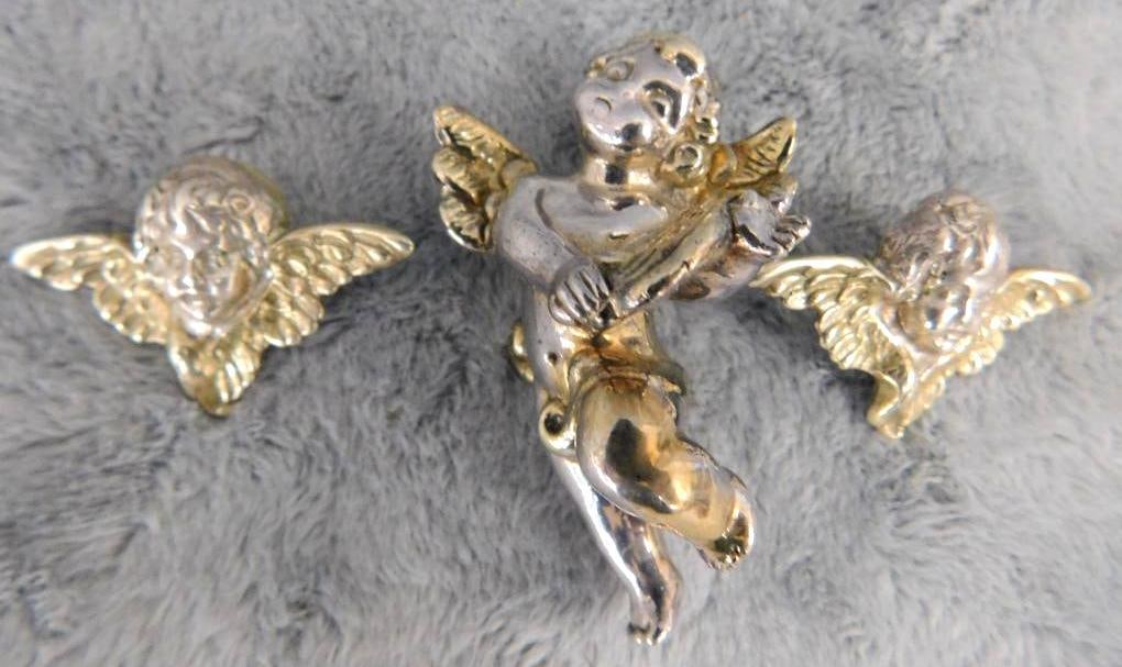Sterling Silver - Cherub Pierced Earrings and Brooch - 27.37 Grams: See Photos For Condition and Details