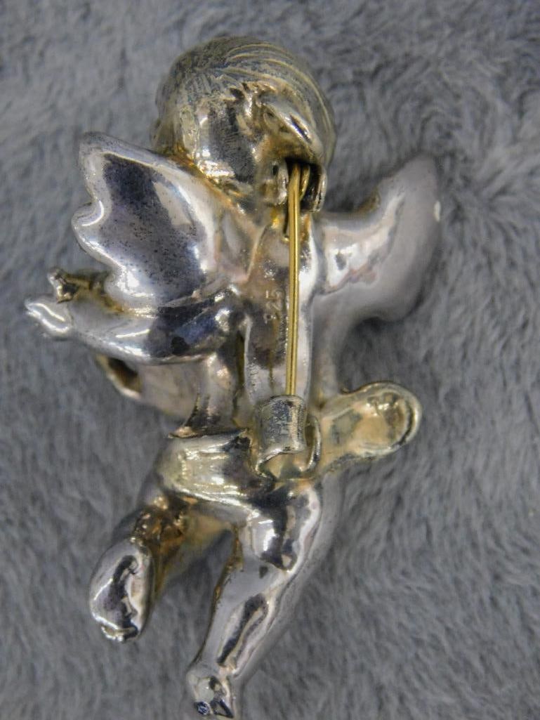 Sterling Silver - Cherub Pierced Earrings and Brooch - 27.37 Grams - 6