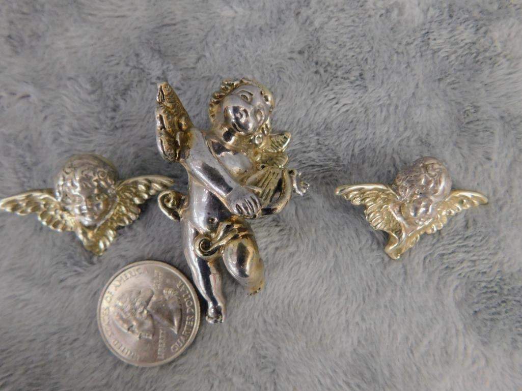 Sterling Silver - Cherub Pierced Earrings and Brooch - 27.37 Grams - 7