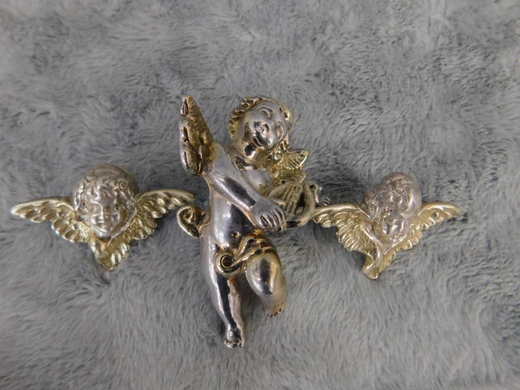 Sterling Silver - Cherub Pierced Earrings and Brooch - 27.37 Grams - 8