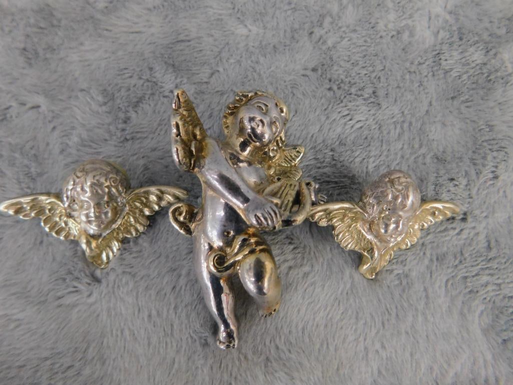 Sterling Silver - Cherub Pierced Earrings and Brooch - 27.37 Grams - 9