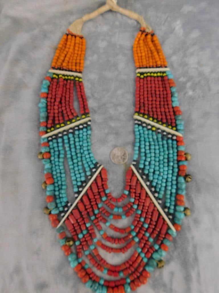 Large Tribal Bib Necklace - Beaded - 28" - 10