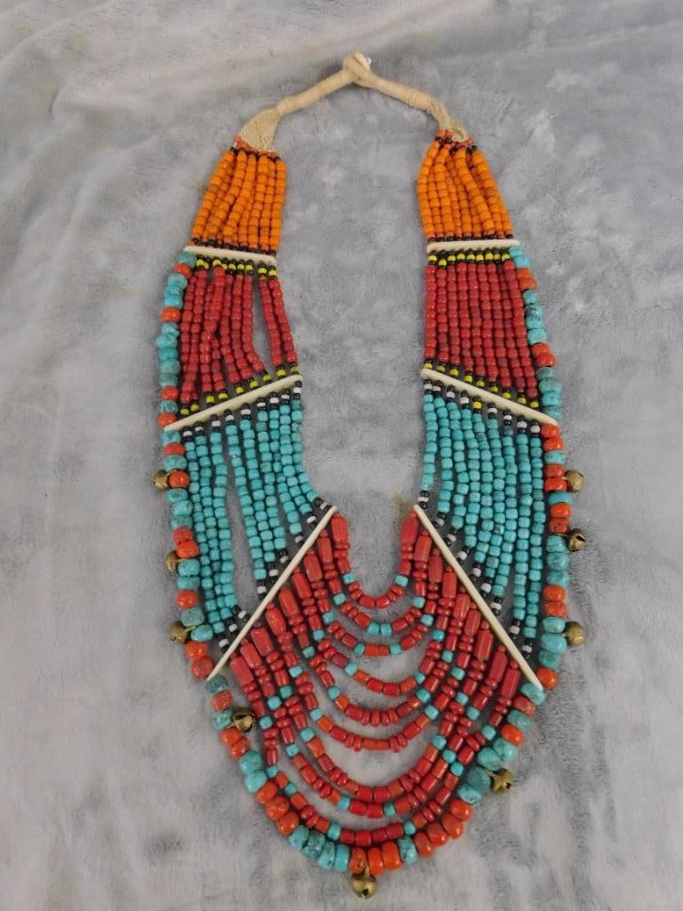 Large Tribal Bib Necklace - Beaded - 28" - 11