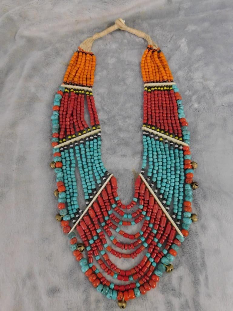 Large Tribal Bib Necklace - Beaded - 28" - 12