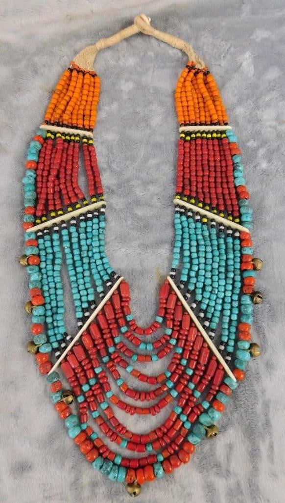 Large Tribal Bib Necklace - Beaded - 28": See Photos For Condition and Details