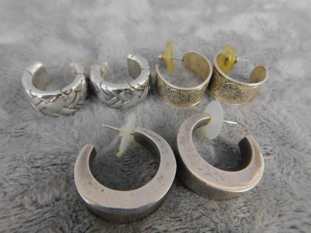 Sterling Silver - 3 Pairs of Thick Hoop Earrings - Pierced - 47.41 Grams - 10