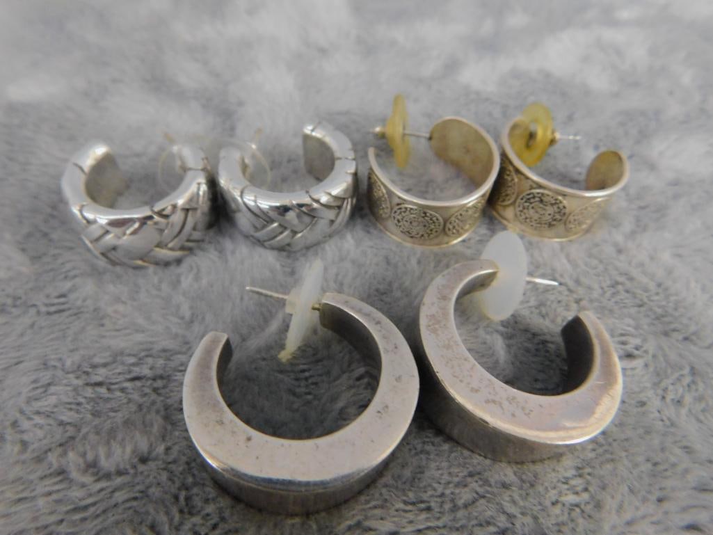 Sterling Silver - 3 Pairs of Thick Hoop Earrings - Pierced - 47.41 Grams - 11