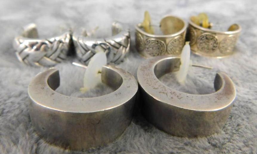 Sterling Silver - 3 Pairs of Thick Hoop Earrings - Pierced - 47.41 Grams: See Photos For Condition and Details