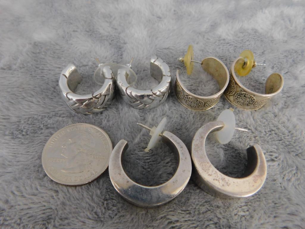 Sterling Silver - 3 Pairs of Thick Hoop Earrings - Pierced - 47.41 Grams - 9