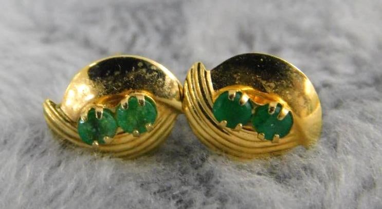 14K Yellow Gold - Pierced Emerald Earrings - .49 Grams TW: XRF Tested - See Photos For Condition and Details