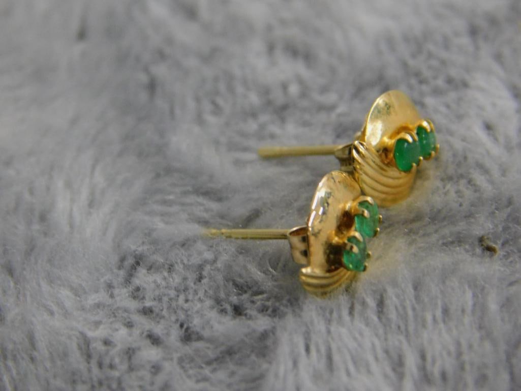 14K Yellow Gold - Pierced Emerald Earrings - .49 Grams TW - 3