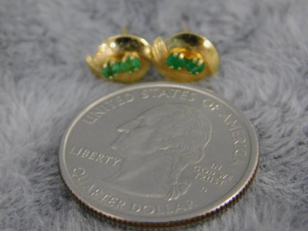 14K Yellow Gold - Pierced Emerald Earrings - .49 Grams TW - 4