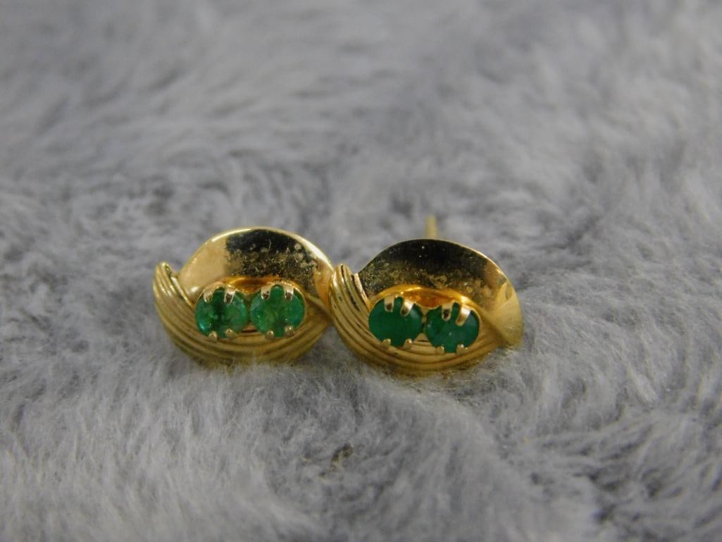 14K Yellow Gold - Pierced Emerald Earrings - .49 Grams TW - 5