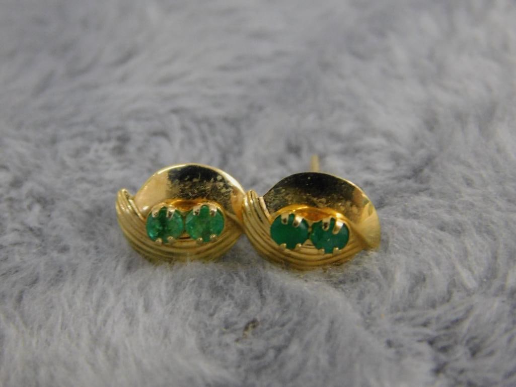 14K Yellow Gold - Pierced Emerald Earrings - .49 Grams TW - 6
