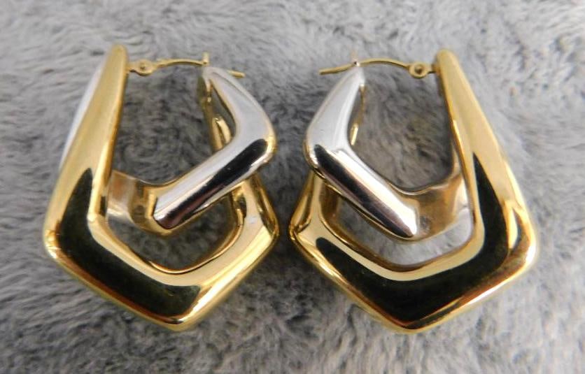 14K Yellow and White Gold - Pierced Earrings - 4.58 Grams: XRF Tested - See Photos For Condition and Details