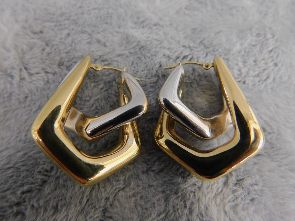 14K Yellow and White Gold - Pierced Earrings - 4.58 Grams - 6