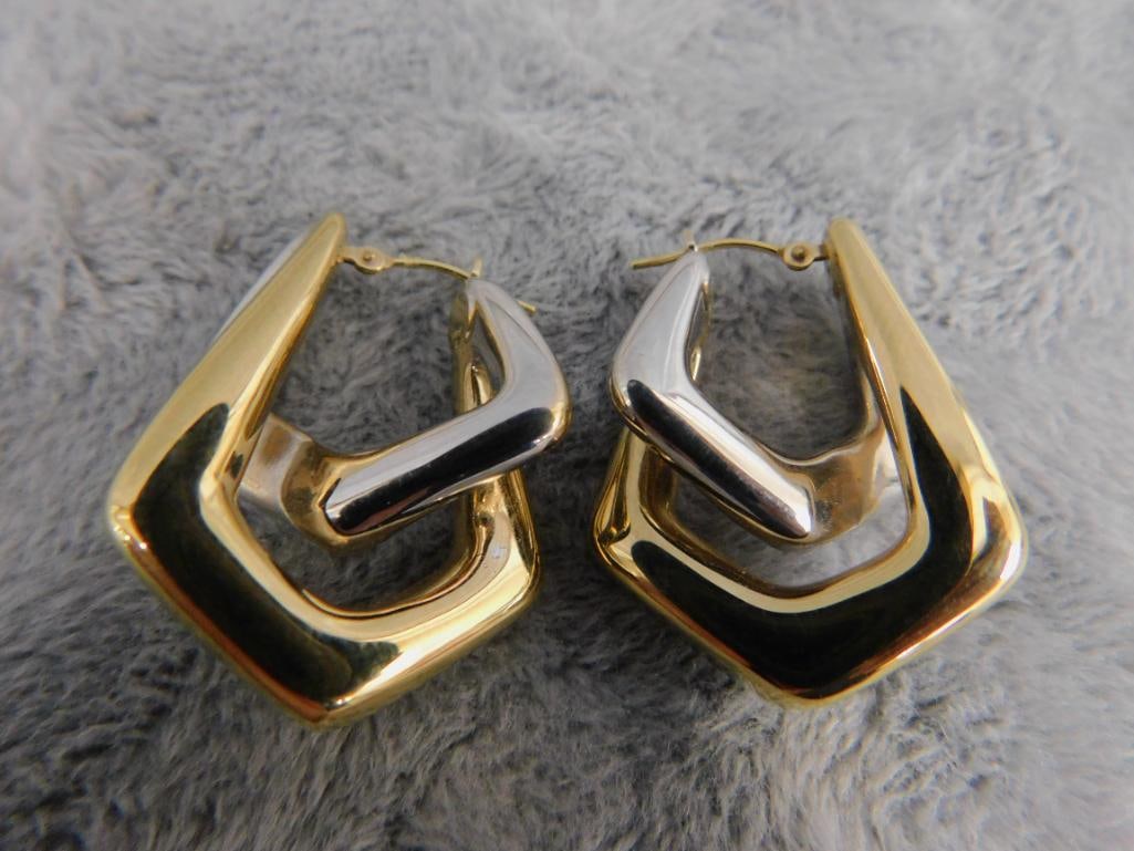 14K Yellow and White Gold - Pierced Earrings - 4.58 Grams - 7
