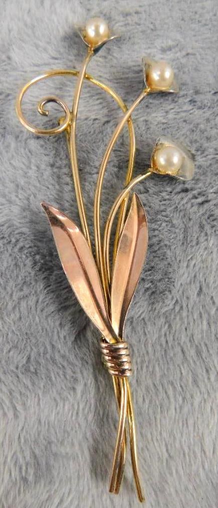 Sterling Silver - Van Dell Gold Filled Sterling Brooch - Pearls - 7.44 Grams TW: See Photos For Condition and Details
