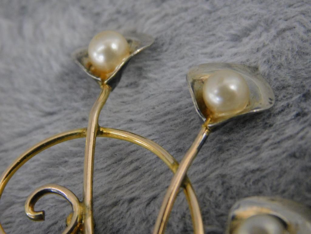 Sterling Silver - Van Dell Gold Filled Sterling Brooch - Pearls - 7.44 Grams TW - 2