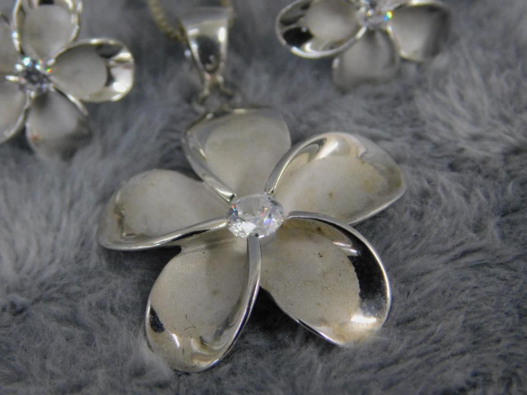 Sterling Silver - Dogwood Blossom - 16" Necklace and Matching Pierced Earrings - 7.13 Grams - 2