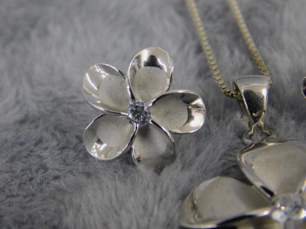 Sterling Silver - Dogwood Blossom - 16" Necklace and Matching Pierced Earrings - 7.13 Grams - 3
