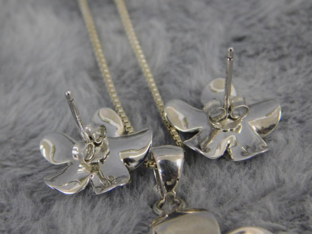 Sterling Silver - Dogwood Blossom - 16" Necklace and Matching Pierced Earrings - 7.13 Grams - 5