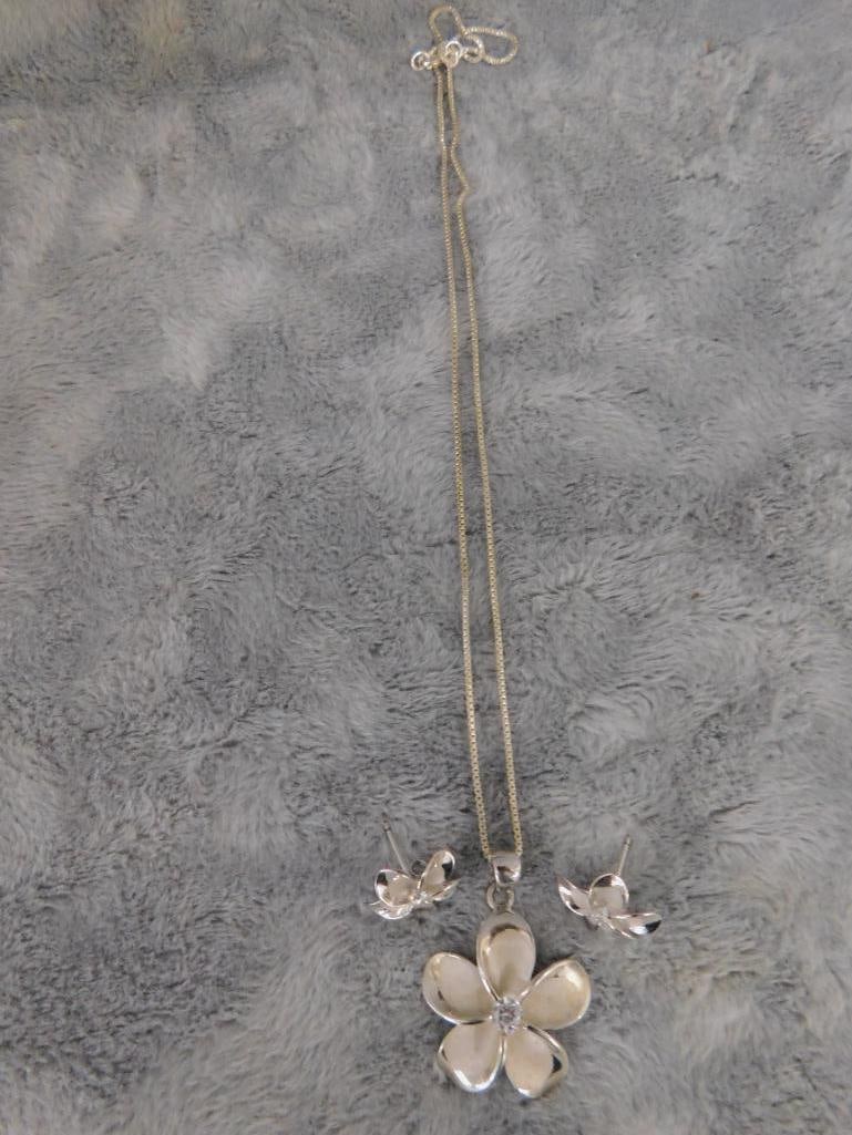 Sterling Silver - Dogwood Blossom - 16" Necklace and Matching Pierced Earrings - 7.13 Grams - 6