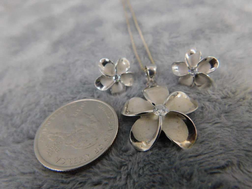 Sterling Silver - Dogwood Blossom - 16" Necklace and Matching Pierced Earrings - 7.13 Grams - 7