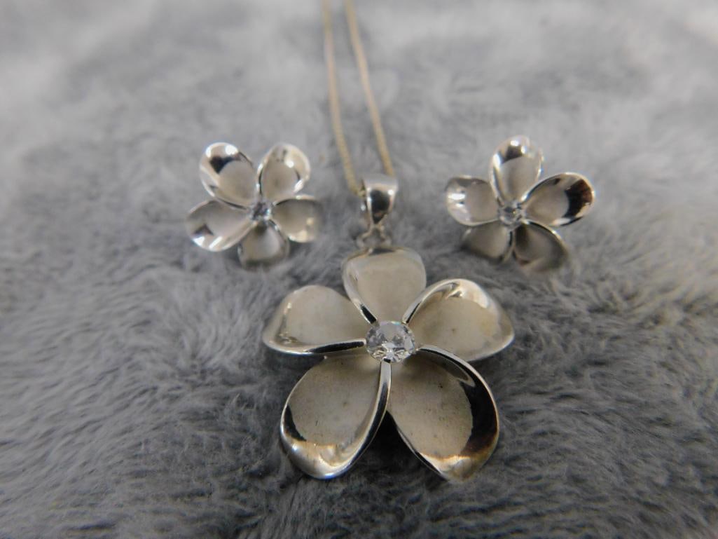 Sterling Silver - Dogwood Blossom - 16" Necklace and Matching Pierced Earrings - 7.13 Grams - 8